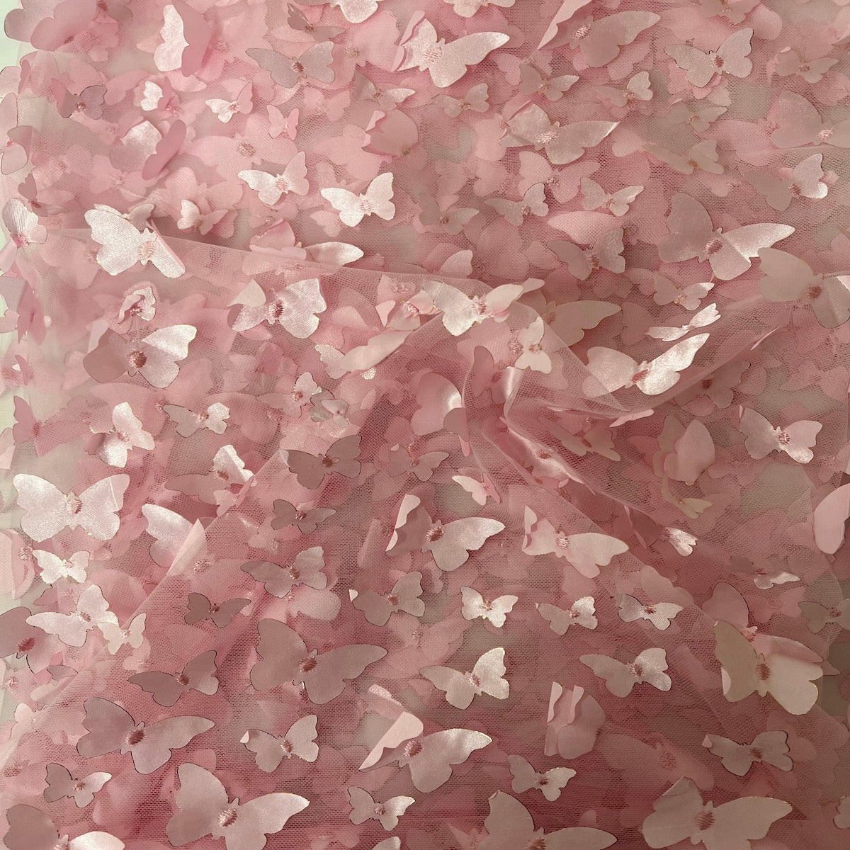 3D Butterfly Embroidered Satin Lace Fabric - 100% Polyester, 4-Way Mechanical Stretch, Mesh Backing, 60" Mesh Width, 54/56" Butterfly Width (1 Yard)
