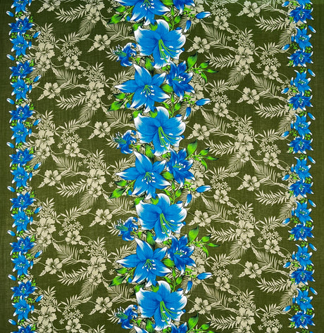 Triple Lily Border With Tropical Flowers And Leaves Rayon Fabric - Teal/Fuchsia, Green/Blue, Rust/Orange, Purple/Red, Yellow/Purple, Orange/Blue, 36" X 45" (1 Yard)