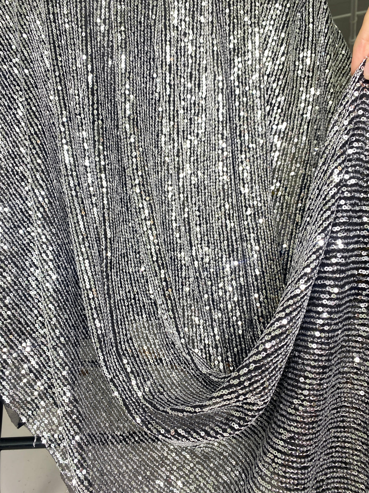 Stretch Sequin Mesh Silver on Black