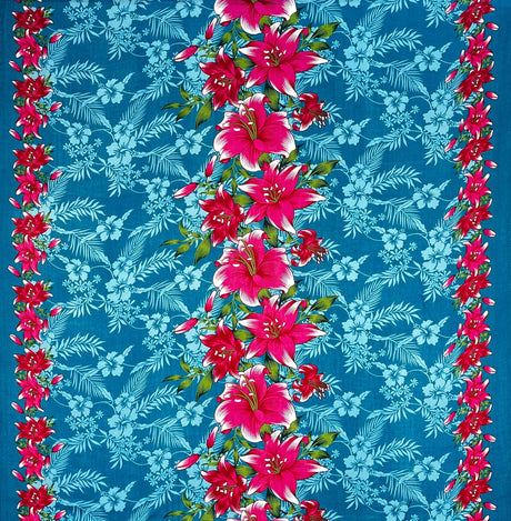 Rayon Fabric Triple Lily Border Tropical Flowers Leaves