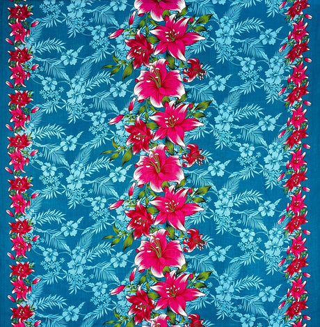 Triple Lily Border With Tropical Flowers And Leaves Rayon Fabric - Teal/Fuchsia, Green/Blue, Rust/Orange, Purple/Red, Yellow/Purple, Orange/Blue, 36" X 45" (1 Yard)