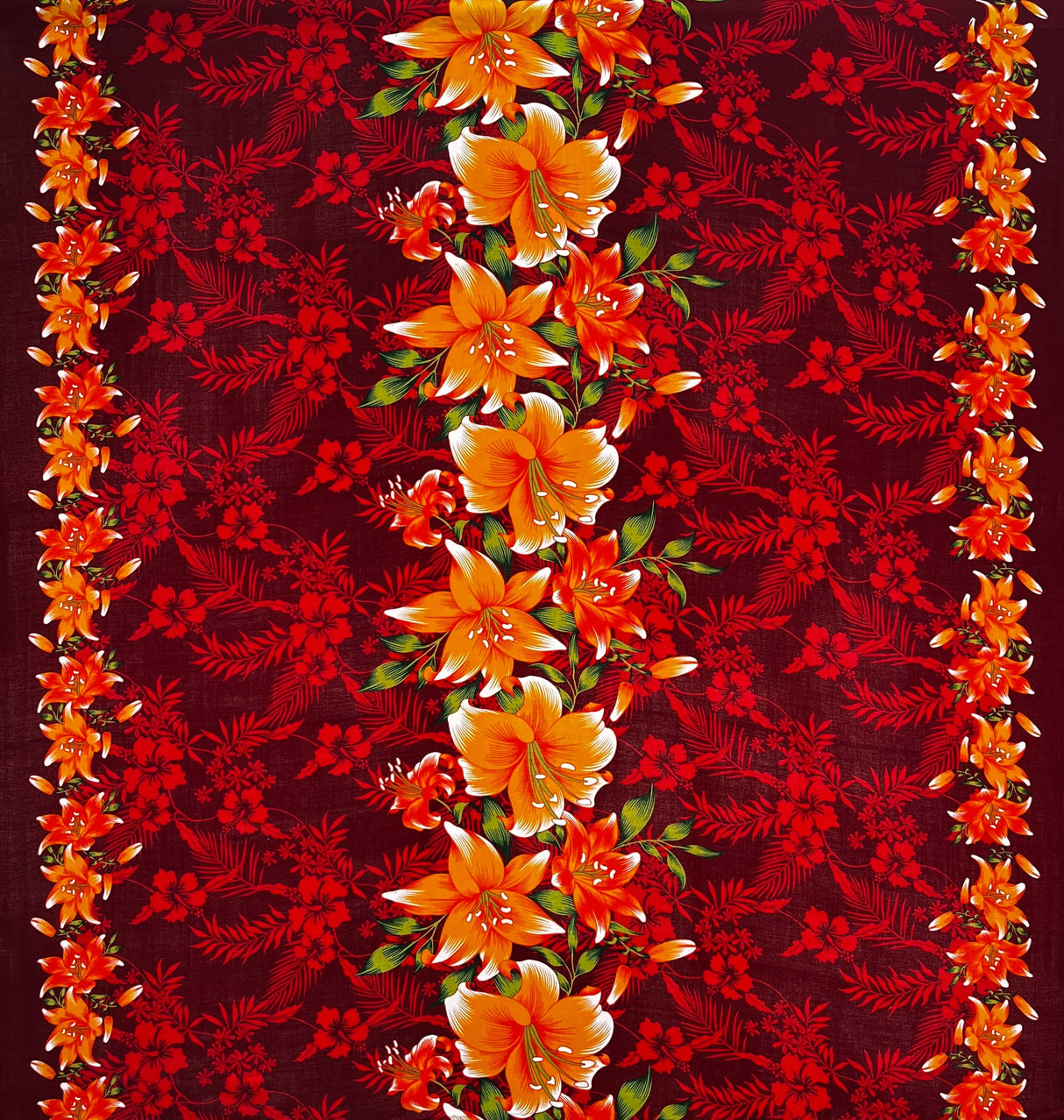 Rayon Fabric Triple Lily Border Tropical Flowers Leaves