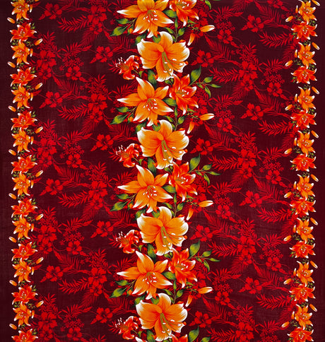 Triple Lily Border With Tropical Flowers And Leaves Rayon Fabric - Teal/Fuchsia, Green/Blue, Rust/Orange, Purple/Red, Yellow/Purple, Orange/Blue, 36" X 45" (1 Yard)