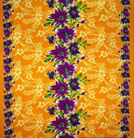 Triple Lily Border With Tropical Flowers And Leaves Rayon Fabric - Teal/Fuchsia, Green/Blue, Rust/Orange, Purple/Red, Yellow/Purple, Orange/Blue, 36" X 45" (1 Yard)