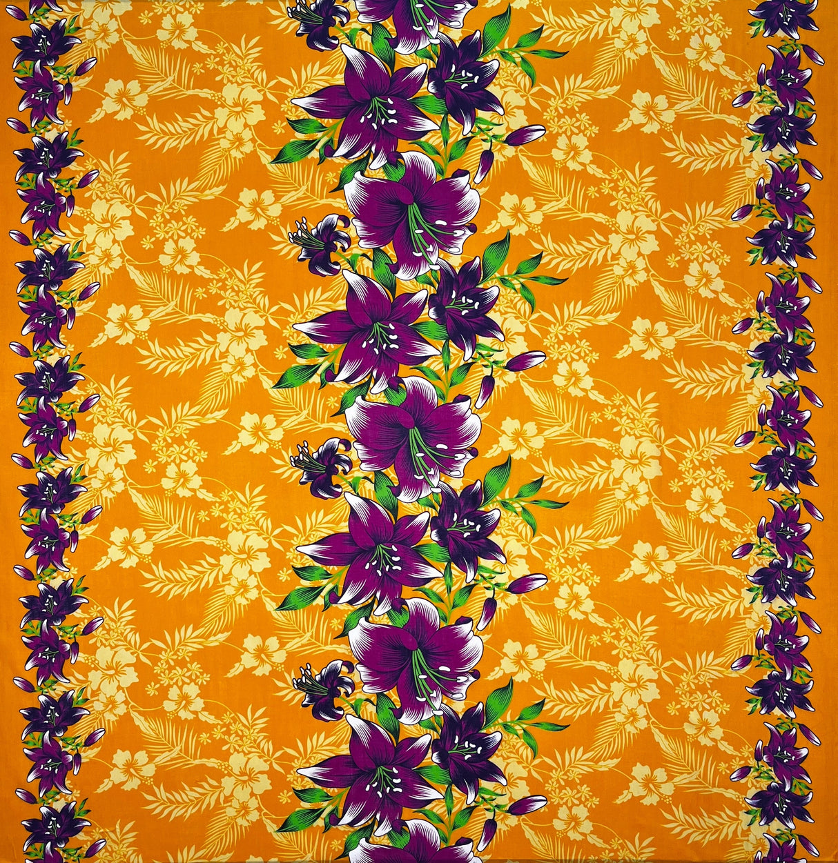 Rayon Fabric Triple Lily Border Tropical Flowers Leaves