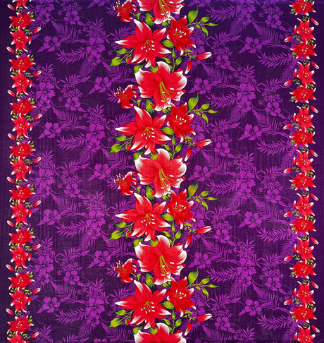 Triple Lily Border With Tropical Flowers And Leaves Rayon Fabric - Teal/Fuchsia, Green/Blue, Rust/Orange, Purple/Red, Yellow/Purple, Orange/Blue, 36" X 45" (1 Yard)