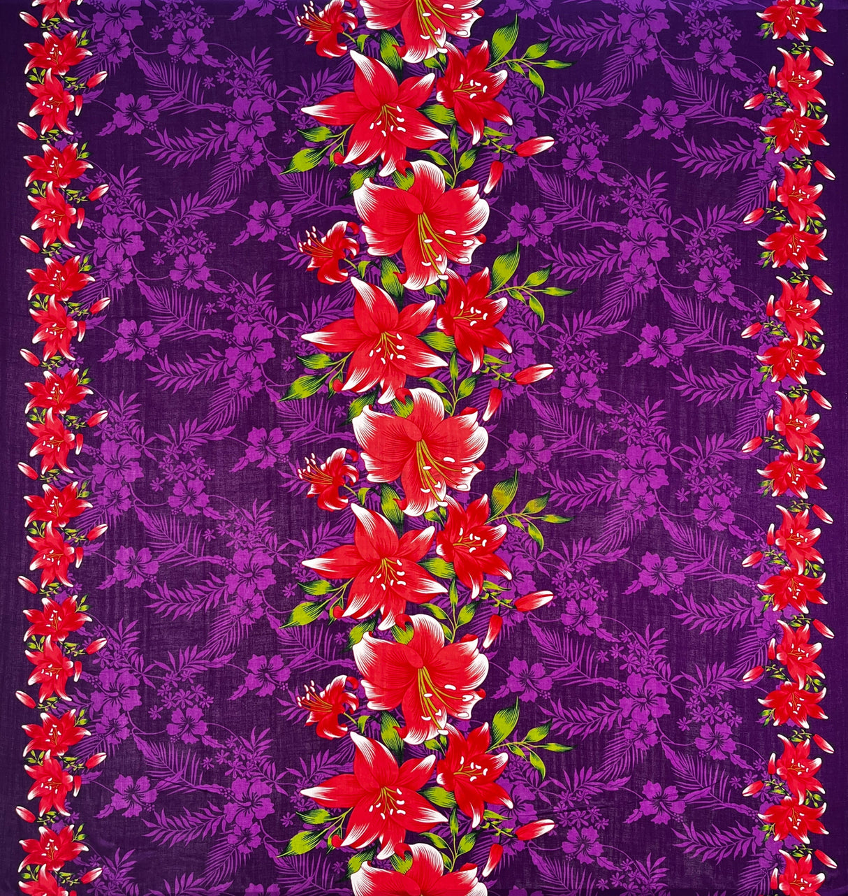 Triple Lily Border With Tropical Flowers And Leaves Rayon Fabric - Teal/Fuchsia, Border Print, 36" X 45" (1 Yard)