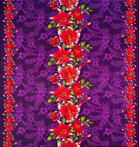 Triple Lily Border With Tropical Flowers And Leaves Rayon Fabric - Teal/Fuchsia, Border Print, 36" X 45" (1 Yard)