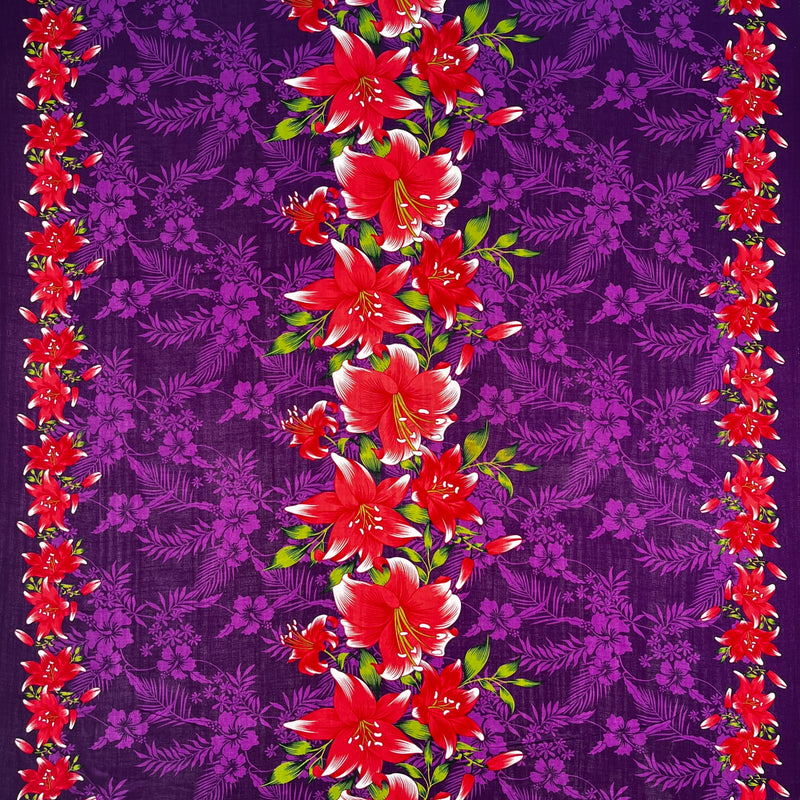 Rayon Fabric Triple Lily Border Tropical Flowers Leaves