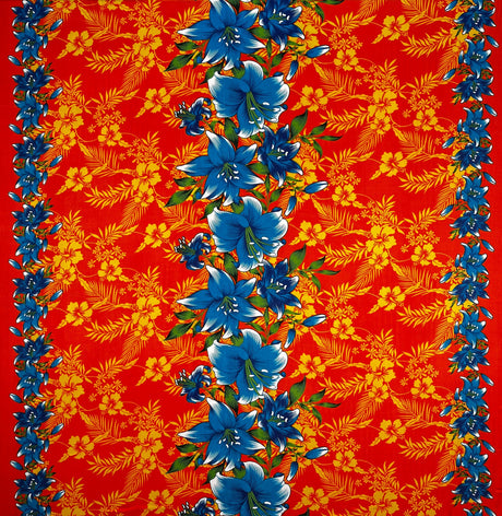 Rayon Fabric Triple Lily Border Tropical Flowers Leaves