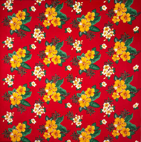 Hibiscus Plumeria Tropical Leaves Clusters 100 Percent Rayon Fabric - Red, Hunter Green, Royal, Navy Tropical Floral Print, 36" X 45" (1 Yard)