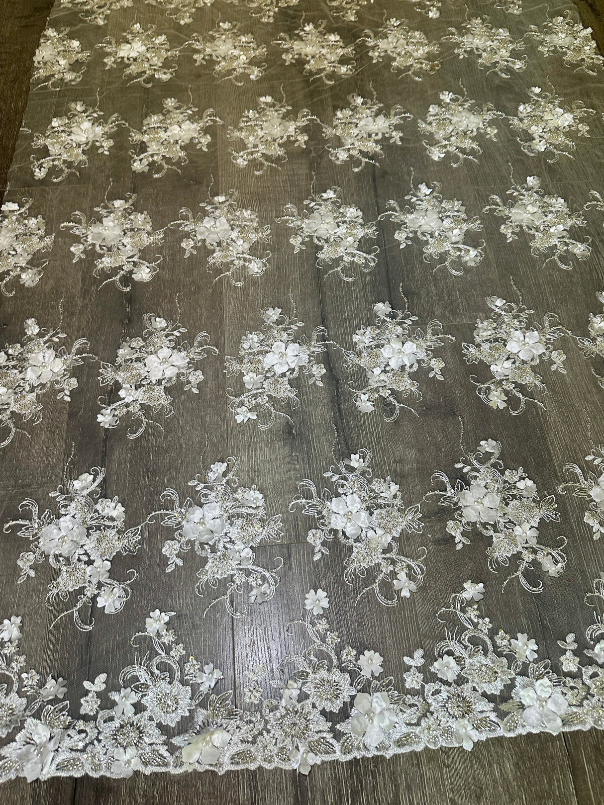 White 3D Floral Embroidered Beaded Tulle Lace