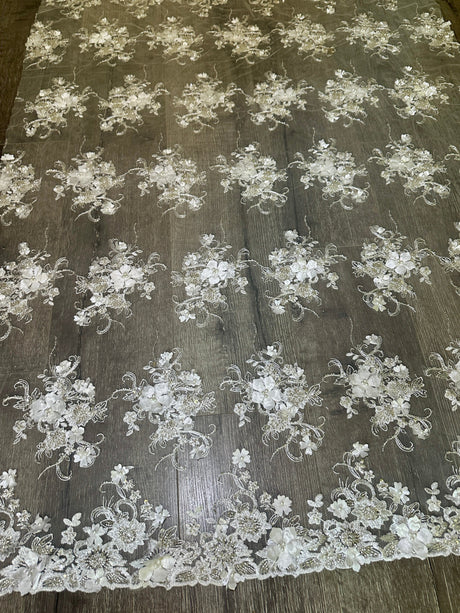White 3D Floral Embroidered Beaded Tulle Lace