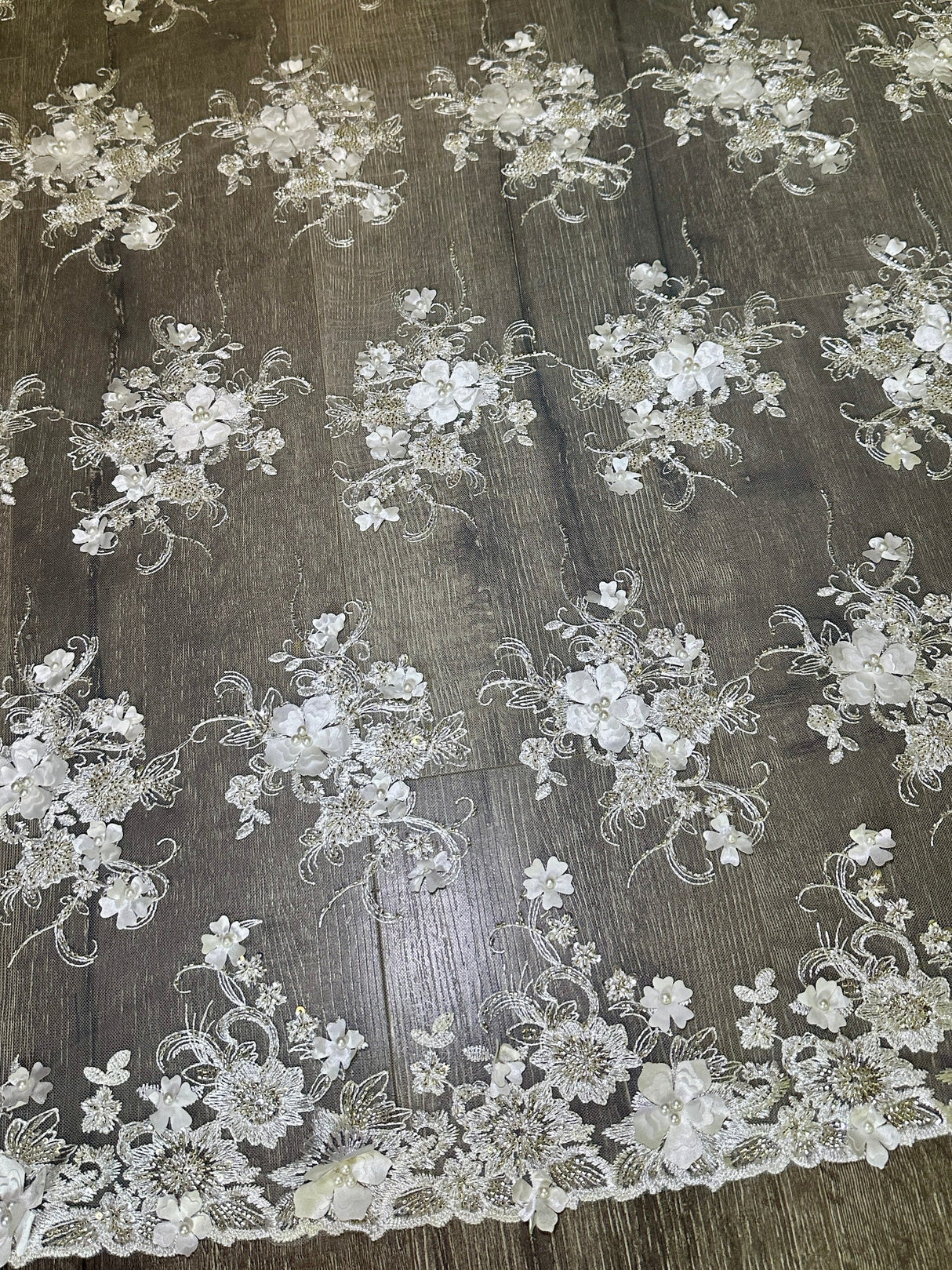 White 3D Floral Embroidered Beaded Tulle Lace