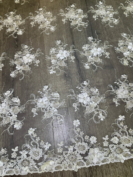 White 3D Floral Embroidered Beaded Tulle Lace