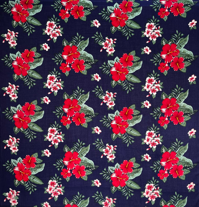 Rayon Fabric Hibiscus Plumeria Tropical Leaves Clusters