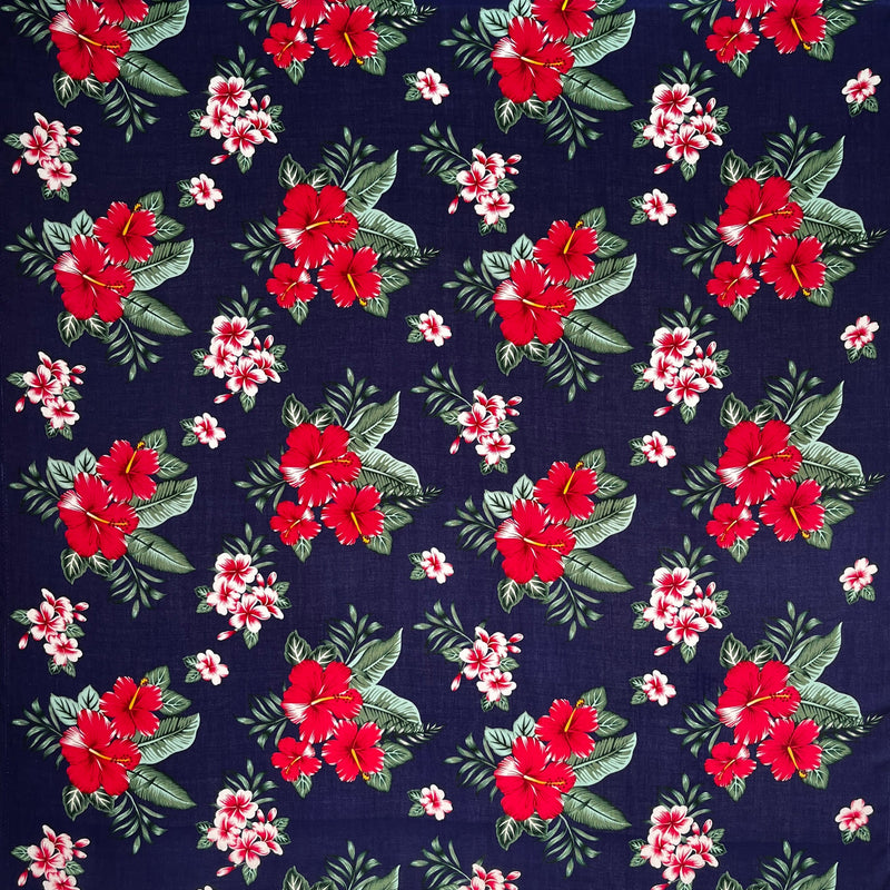 Hibiscus Plumeria Tropical Leaves Clusters 100 Percent Rayon Fabric - Red, Hunter Green, Royal, Navy Tropical Floral Print, 36" X 45" (1 Yard)