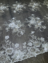 White 3D Floral Embroidered Beaded Tulle Lace