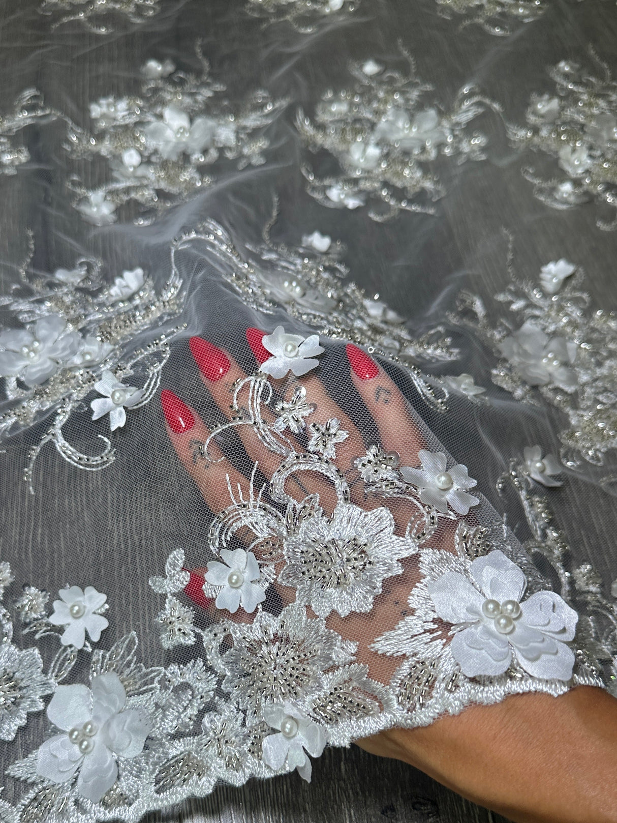 White 3D Floral Embroidered Beaded Tulle Lace