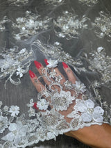 White 3D Floral Embroidered Beaded Tulle Lace