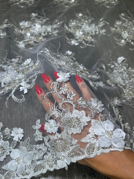 White 3D Floral Embroidered Beaded Tulle Lace