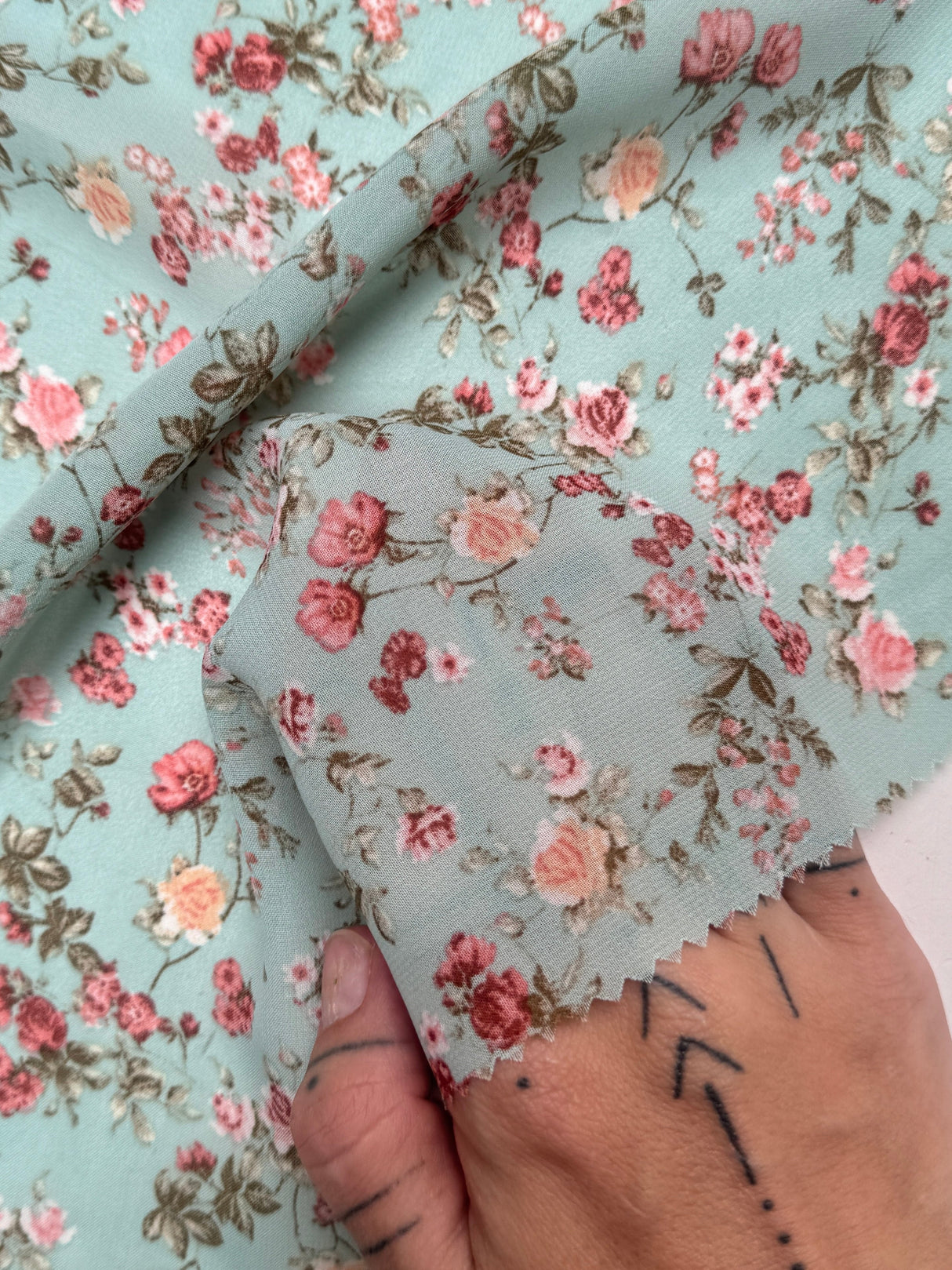 Printed Chiffon Mint Mini Flowers