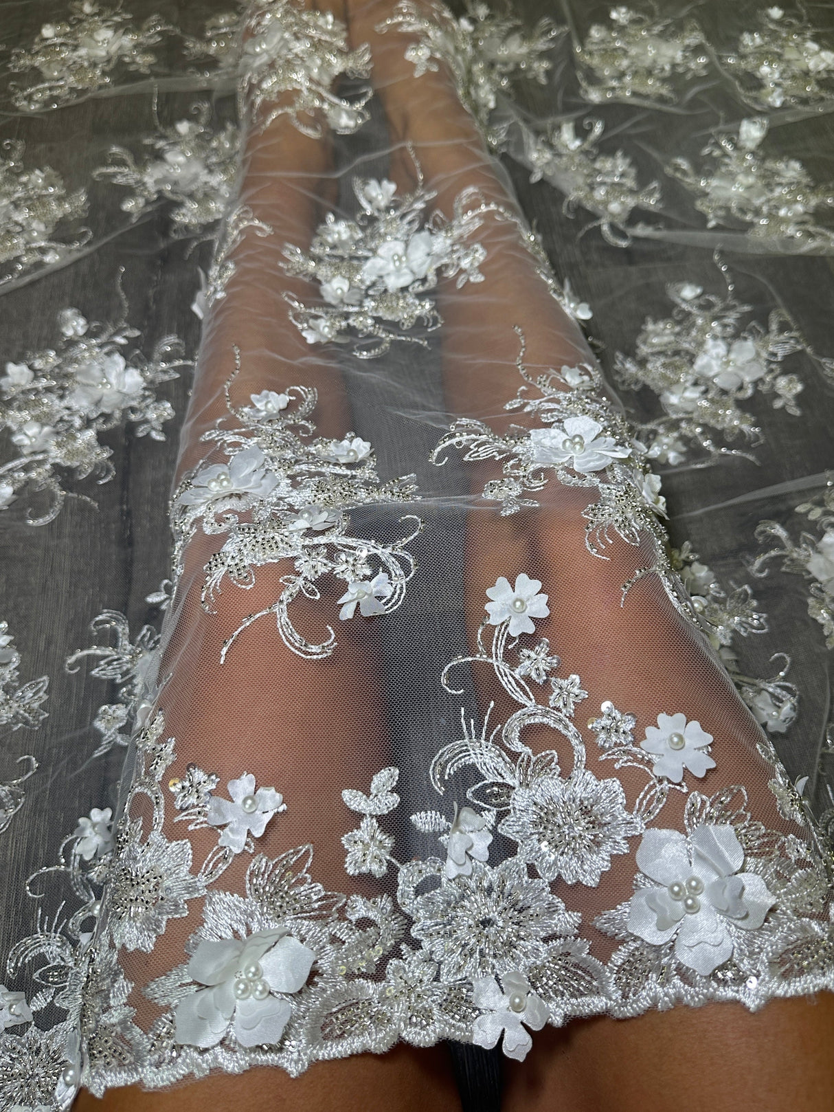 White 3D Floral Embroidered Beaded Tulle Lace