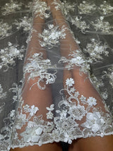 White 3D Floral Embroidered Beaded Tulle Lace