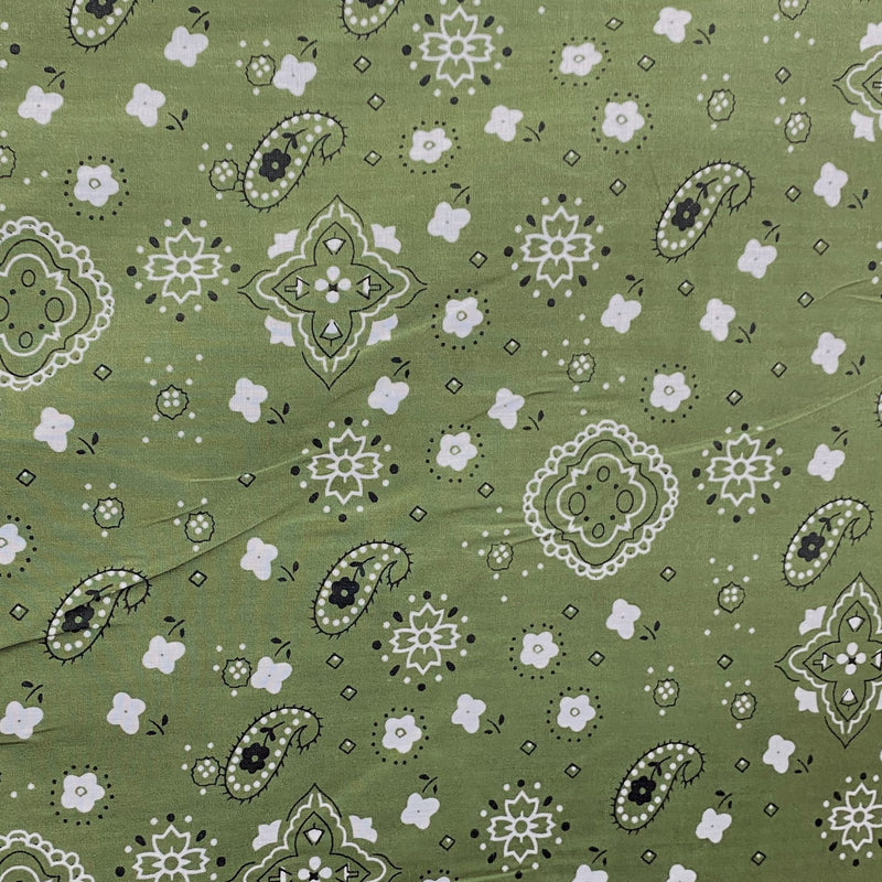 Paisley Bandanna Olive Poly Cotton Fabric - Olive Paisley Bandanna Print, 59/60" Width (1 Yard)