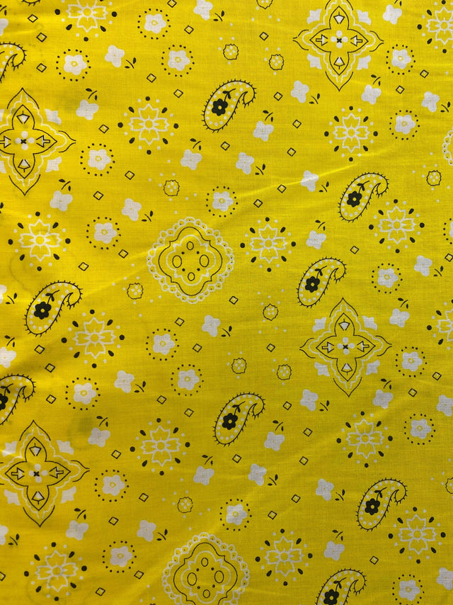 Paisley Bandanna Yellow Poly Cotton Fabric - Yellow Paisley Print, 59/60" Width (1 Yard)