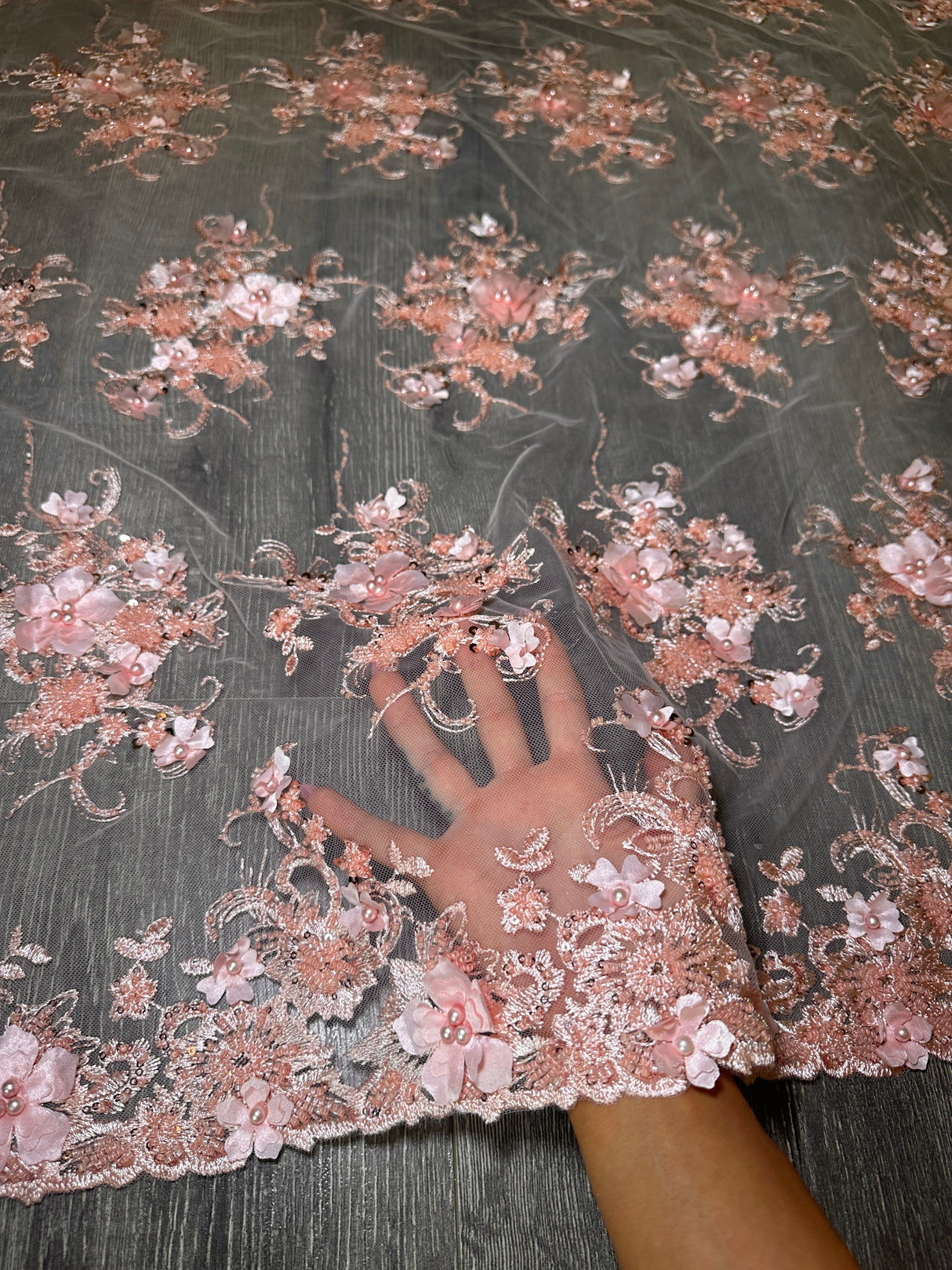 3D Floral Embroidered Beaded Tulle Lace Peach