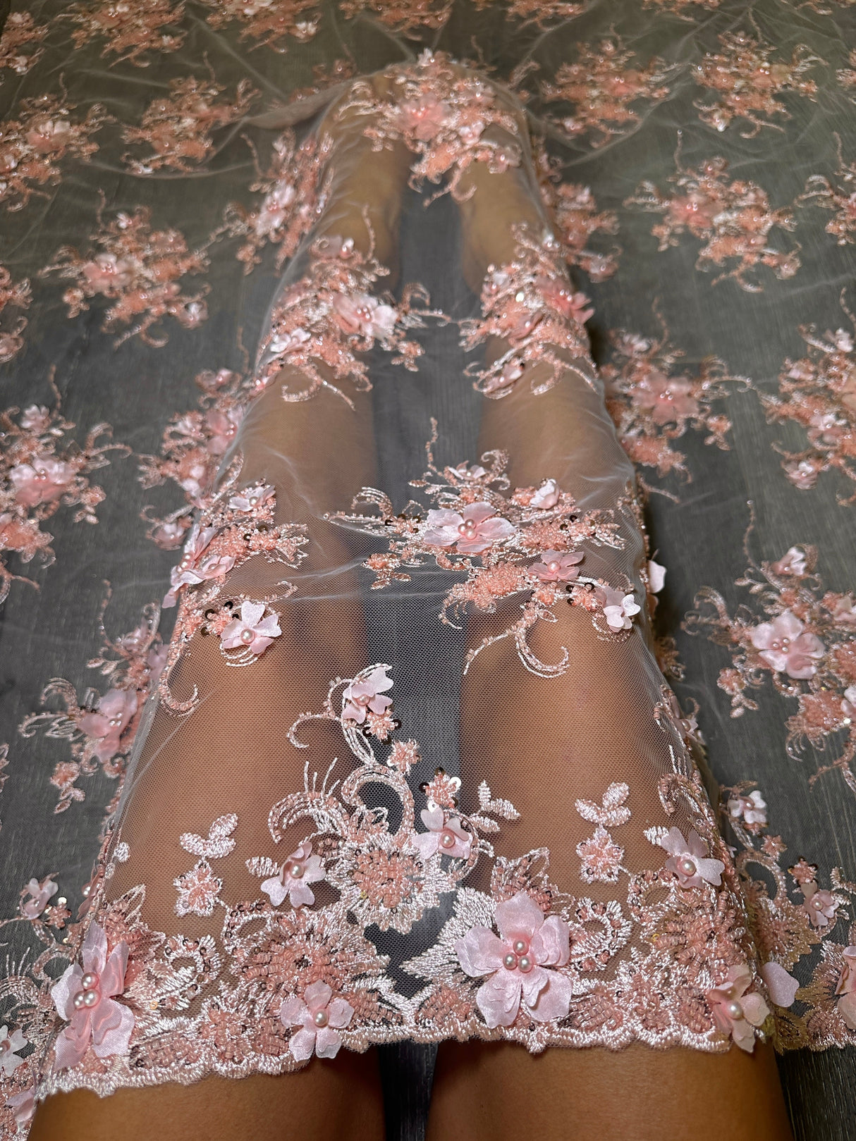 3D Floral Embroidered Beaded Tulle Lace Peach