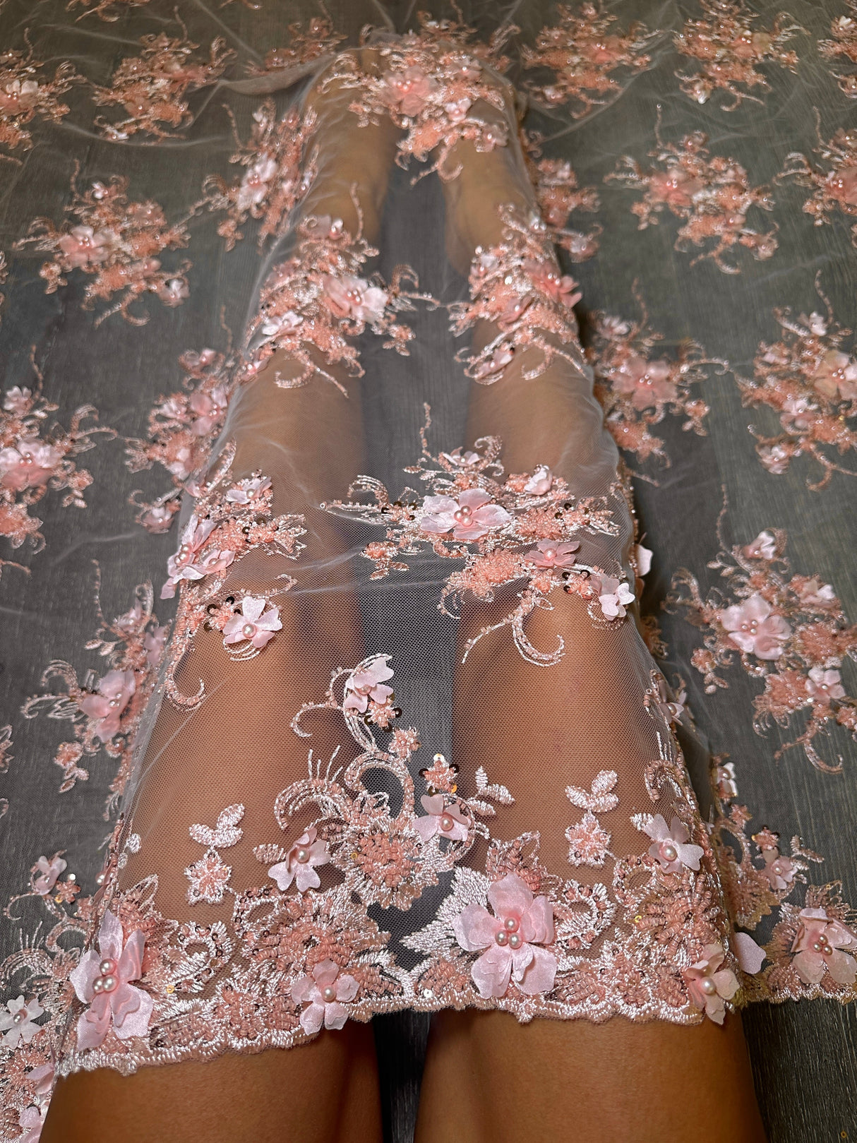 3D Floral Embroidered Beaded Tulle Lace Peach