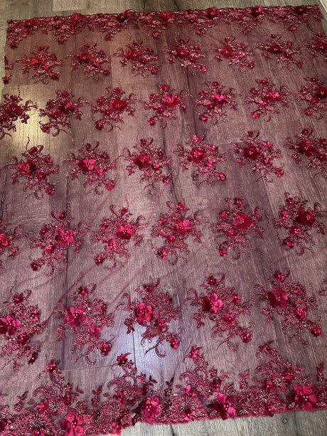 Burgundy 3D Floral Beaded Tulle Lace