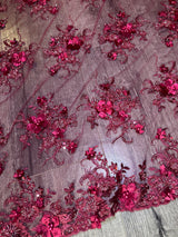 Burgundy 3D Floral Beaded Tulle Lace