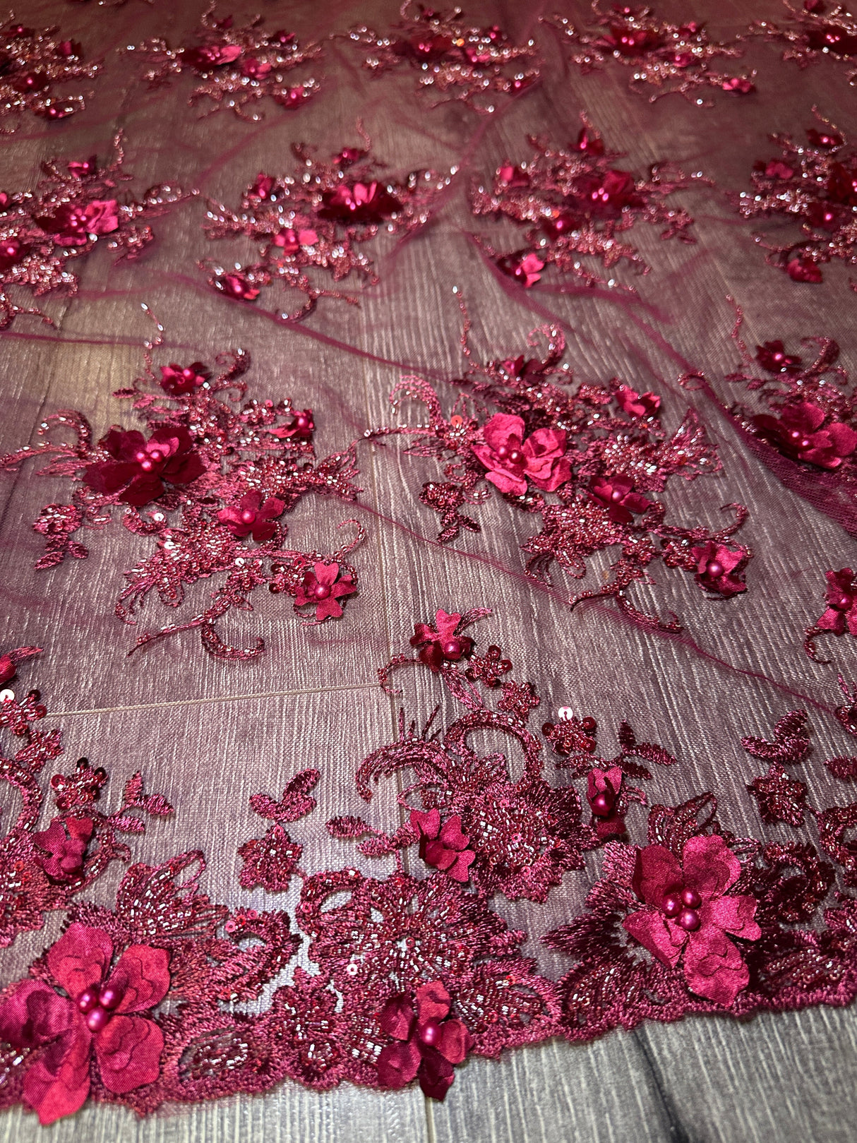 Burgundy 3D Floral Beaded Tulle Lace