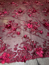 Burgundy 3D Floral Beaded Tulle Lace