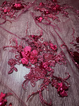 Burgundy 3D Floral Beaded Tulle Lace