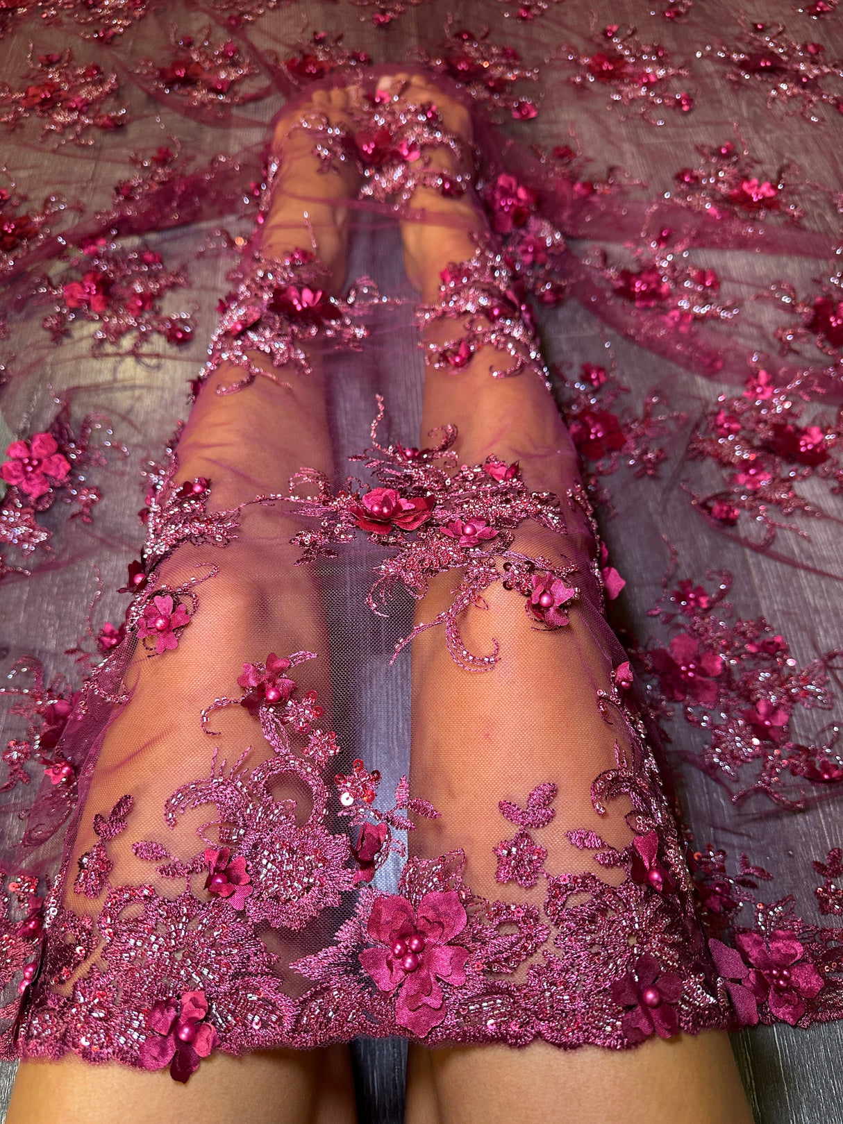 Burgundy 3D Floral Beaded Tulle Lace