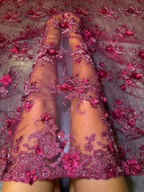 Burgundy 3D Floral Beaded Tulle Lace