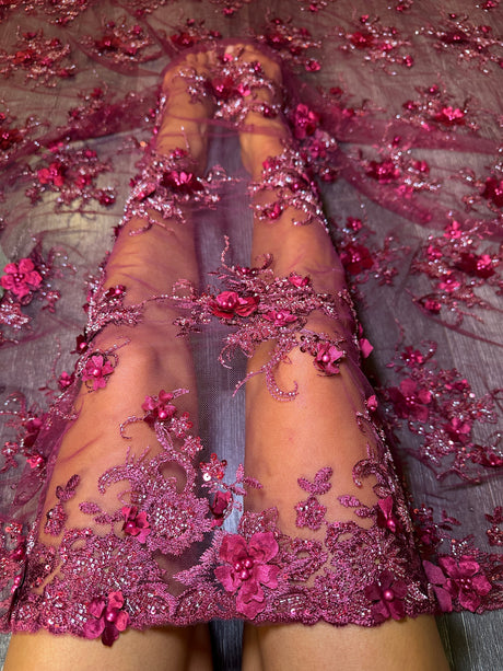 Burgundy 3D Floral Beaded Tulle Lace