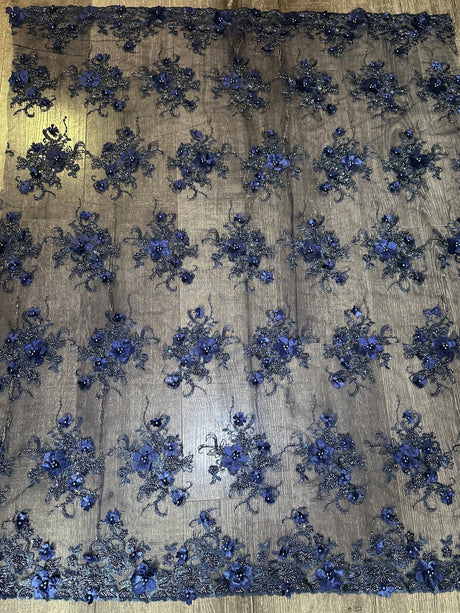3D Floral Embroidered Beaded Tulle Lace Navy