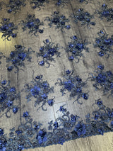 3D Floral Embroidered Beaded Tulle Lace Navy