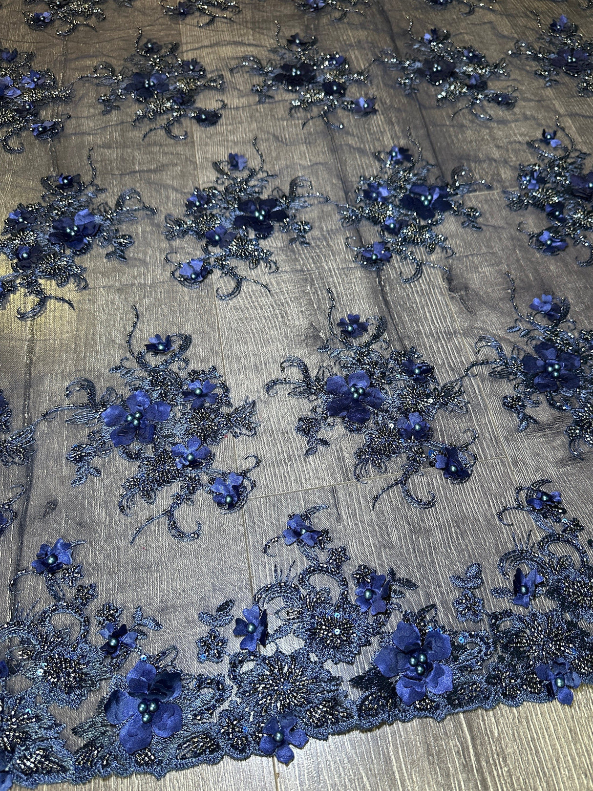 3D Floral Embroidered Beaded Tulle Lace Navy