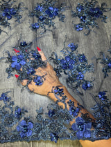 3D Floral Embroidered Beaded Tulle Lace Navy