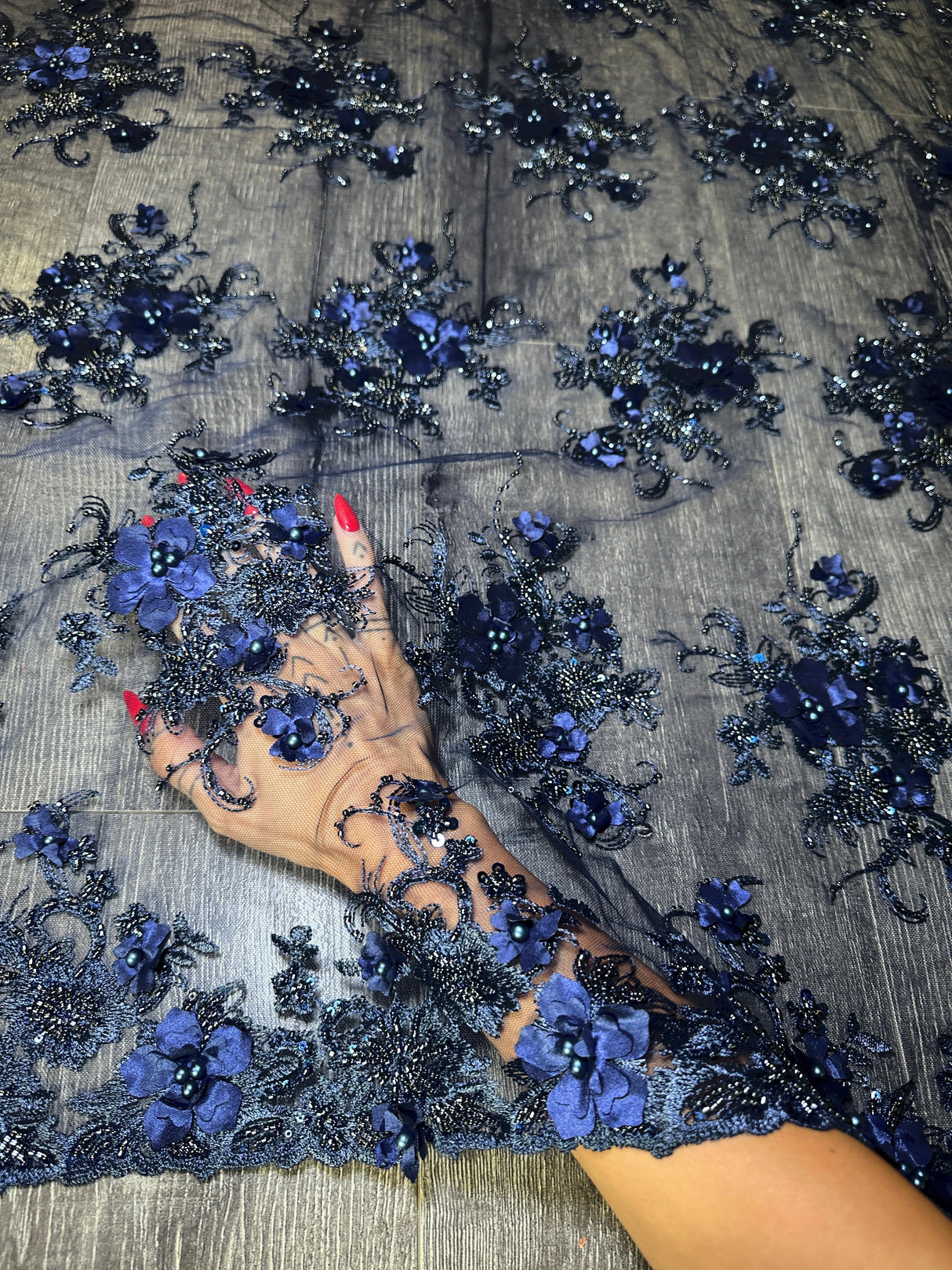 3D Floral Embroidered Beaded Tulle Lace Navy