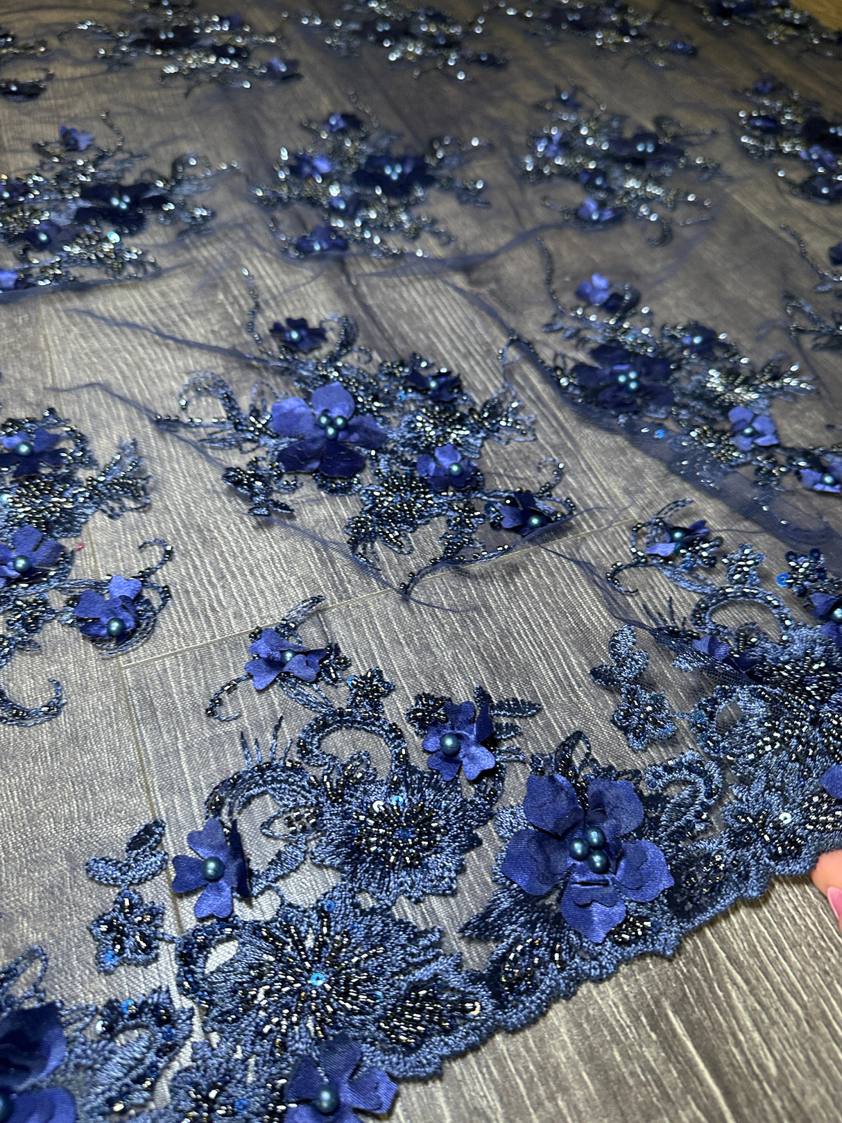 3D Floral Embroidered Beaded Tulle Lace Navy
