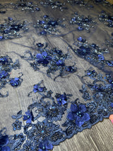 3D Floral Embroidered Beaded Tulle Lace Navy