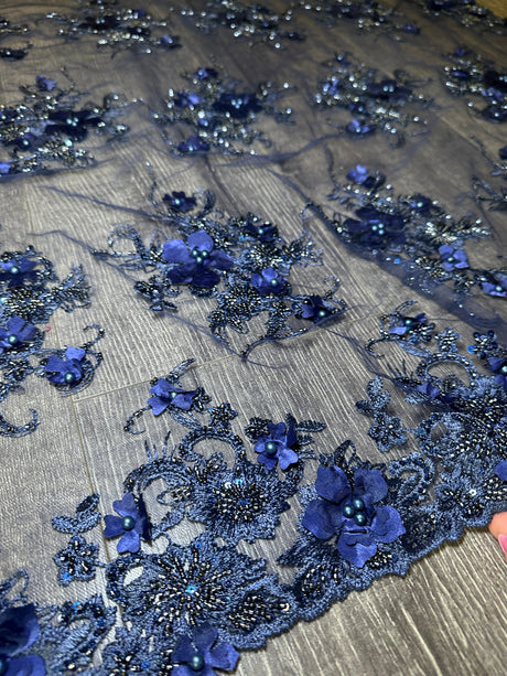 3D Floral Embroidered Beaded Tulle Lace Navy
