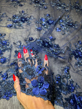 3D Floral Embroidered Beaded Tulle Lace Navy